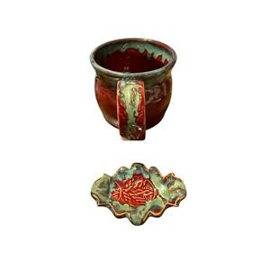 Handmade Pottery Art Mug Deep Red & Green Signed Coffee Cup Unused W/ Rest